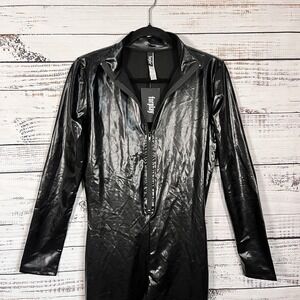 NWT FORPLAY Catsuit Bodysuit Stretchy Wet Look Shiny Long Sleeve Front Zip L/XL